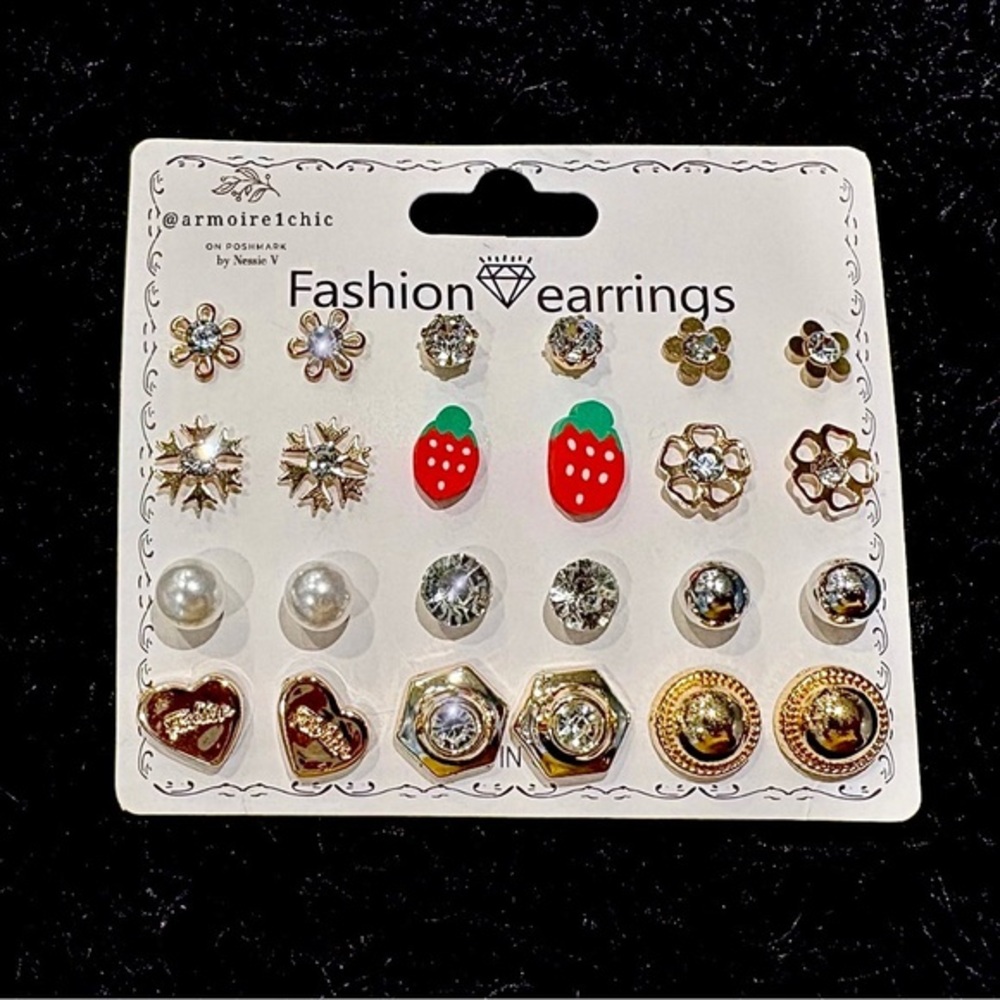 CLASSIC FASHION EARRINGS Set | 12 pairs | Metallic Crystal Pearl & Strawberries